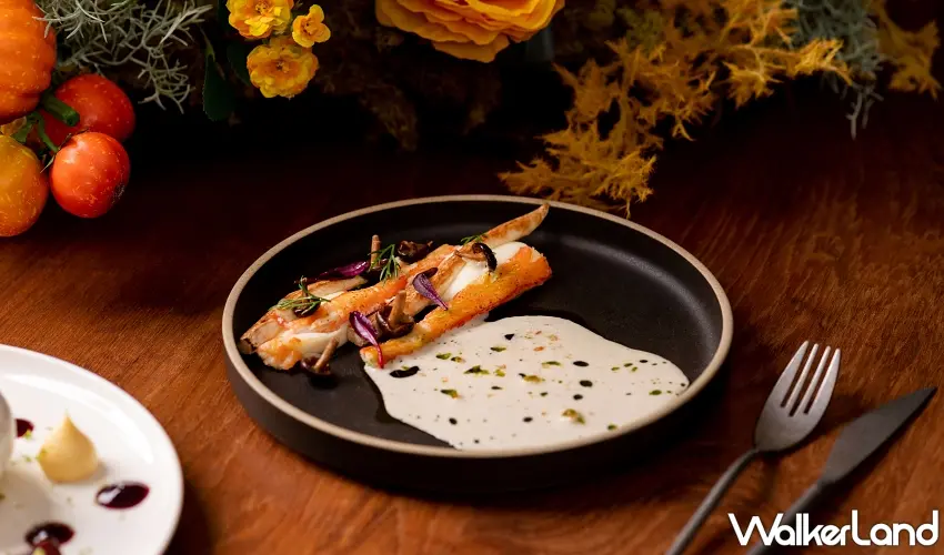 ▲「焦化奶油嫩煎土庫白蘆筍，松葉蟹，柳松菇榛果絲絨奶油醬」搭配榛果絲絨奶油醬，透過法式醬汁工法呈現細緻層次。 圖／台北慕軒飯店，臻品之選提供；窩客島編輯李維唐整理