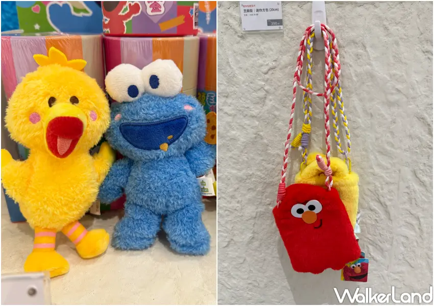 ▲台北芝麻街特展周邊推薦！Cookie Monster、Big Bird娃娃，以及Elmo方包。(攝影：鄭亦庭)