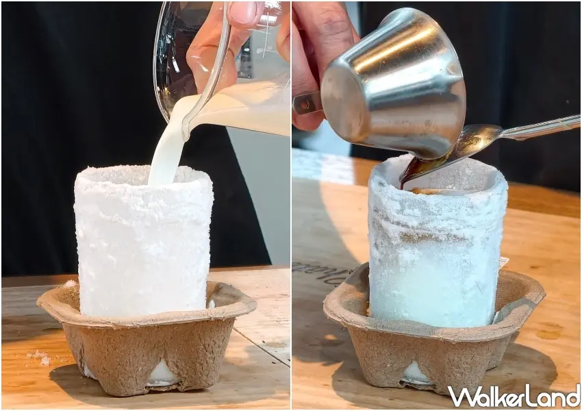 ▲雪漸層咖啡製作過程極其講究，先在結霜玻璃杯中倒入鮮乳，再緩緩加入咖啡液交織出絕美漸層。(攝影：鄭雅之)