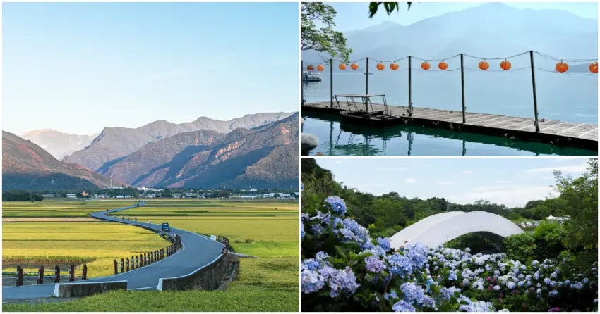 ▲池上的遼闊稻浪、日月潭的湖光山色與高家繡球花田的繽紛花海，各有不同療癒魅力，都是母親節帶媽媽輕旅行的首選之地。