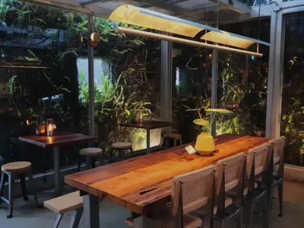 ▲新北森林系餐廳推薦！九份廢墟改建的「微光森林」，頂部透光的玻璃天窗與大片窗景。(攝影：部落客 艾吃食間)