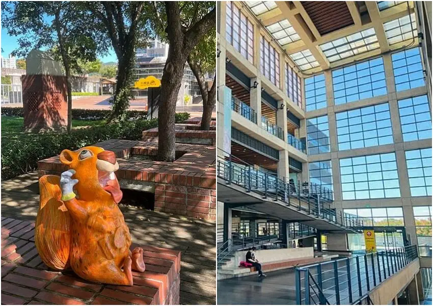▲陶瓷博物館園區內的可愛松鼠裝置藝術與室內挑高通透的玻璃建築，是鶯歌一日遊必拍的網美景點。（部落客Princess 提供）