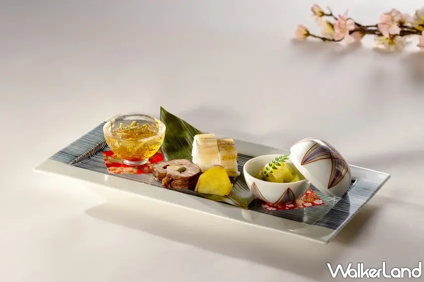 ▲精緻前菜盛合集結醋拌水蓮菜、竹筍拌木之芽與小鯛魚棒壽司，展現關西料理細膩且具節奏感的味覺層次 。圖／台北老爺酒店提供；窩客島編輯李維唐整理