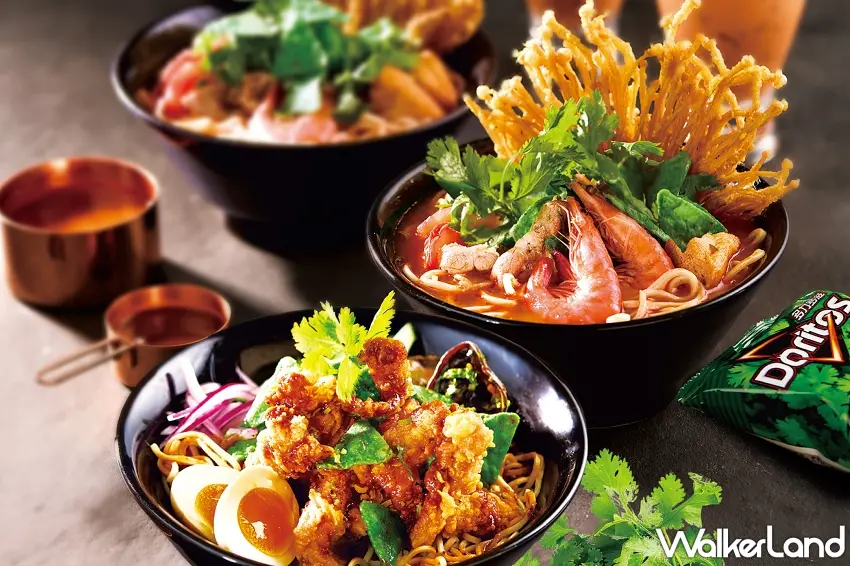 ▲大心攜手多力多滋推出聯名餐點，將酥脆的香菜口味迷你脆撒在酸辣麵與椒麻雞拌麵上，挑戰香菜控味蕾 。圖／瓦城泰統集團提供；窩客島整理