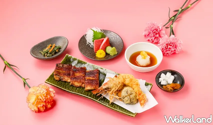 ▲母親節限定套餐主打初夏舒心味蕾，鰻魚可選蒲燒或白燒口味，搭配柚香元素消暑又解膩 。圖／うなぎ四代目菊かわ提供；窩客島整理