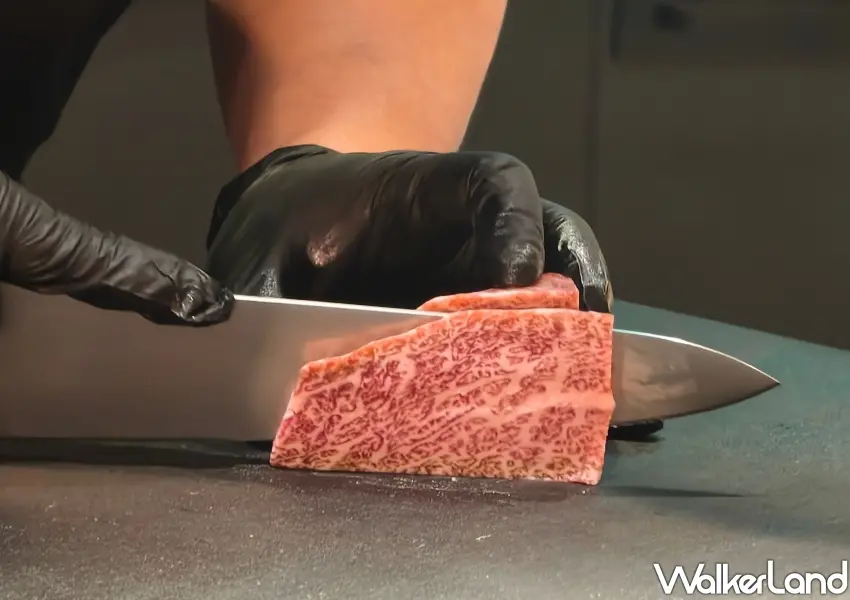 ▲專業職人現場展示分切技術，精準掌握日本A5黑毛和牛不同部位的油花與口感紋理。(攝影：鄭雅之)