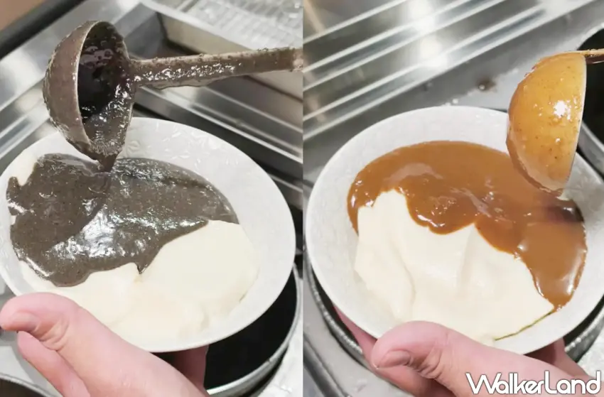 ▲「加班黑糖剉冰」兩大人氣招牌為「黑芝麻豆花」與「花生糊豆花」。（美食好芃友提供）