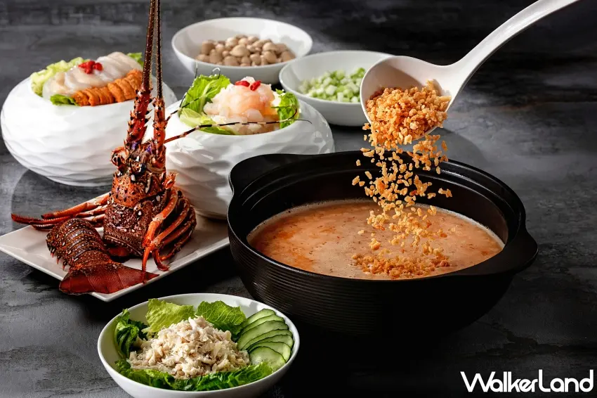 ▲極致奢華的龍蝦泡飯，以龍蝦、沙公與豬骨熬製金黃濃湯，並鋪陳海膽、干貝與蟹身肉提升層次 。圖／國聯大飯店提供；窩客島編輯李維唐整理