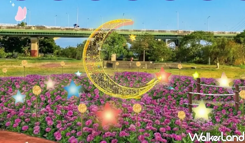 ▲夜晚點燈後的蝴蝶公園月亮地景藝術展現浪漫星光燈海。