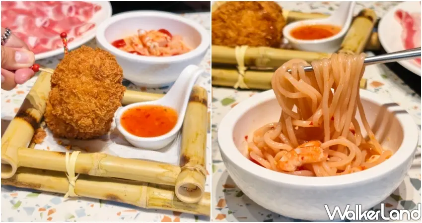 ▲酥脆紮實的拳拳蝦餅與Q彈泰式鮮蝦涼麵，是泰滾mini個人鍋極受歡迎的招牌單品。(攝影：鄭雅之)