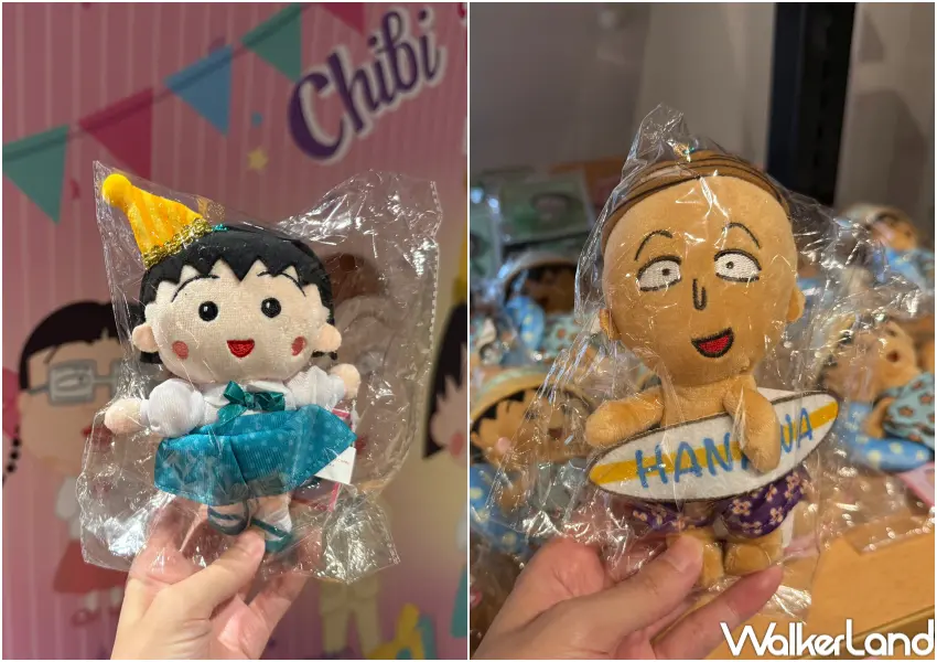 ▲櫻桃小丸子生日松菸快閃店周邊，曬黑花輪娃娃、小丸子生日娃娃推薦必買。(攝影：鄭亦庭)