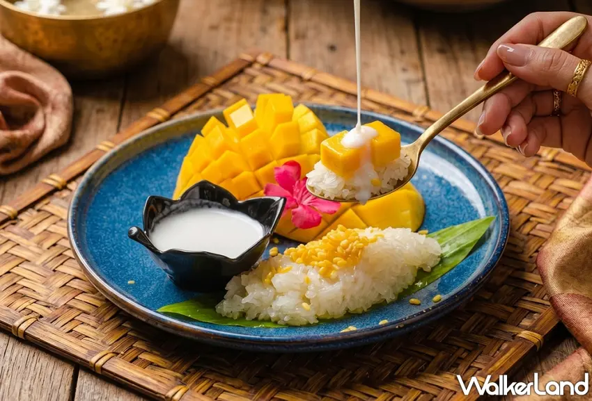 ▲熱帶經典甜品「芒果椰漿糯米（Khao Niao Mamuang）」，以完熟芒果搭配Q彈糯米與香濃椰奶，完美總結辛香盛宴 。圖／台南遠東香格里拉提供；窩客島編輯李維唐整理