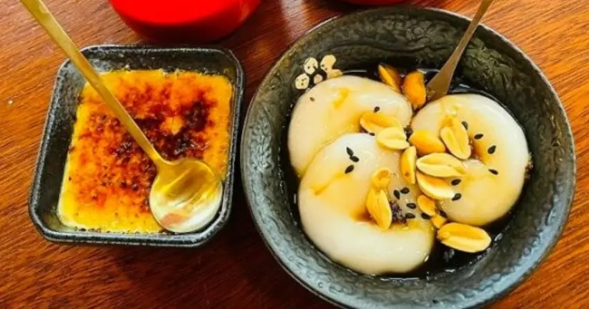 ▲好客食堂的甜點同樣讓人驚喜,除了焦糖烤布蕾外,還能吃到客家迎賓代表「桂花釀牛汶水」,香甜滋味相當特別。