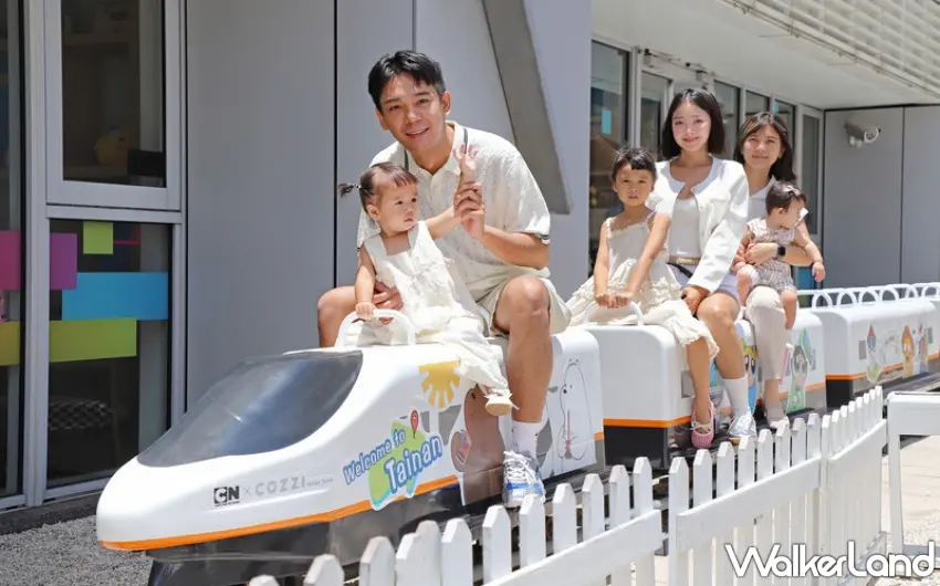 ▲家長可帶著孩子搭乘飯店內的卡通主題小火車，在戶外奇趣操場盡情放電。圖／和逸飯店‧台南西門館提供；窩客島編輯李維唐整理