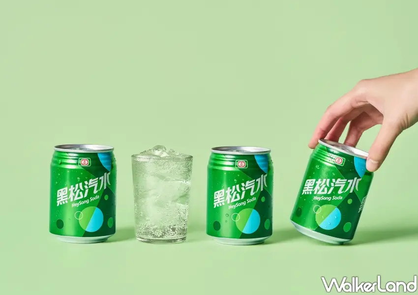 ▲黑松汽水罐裝設計結合幾何氣泡元素，清爽綠色調色塊打造律動感生活品味。