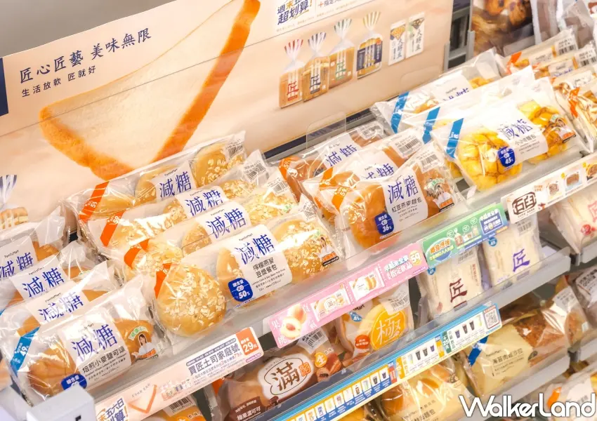 ▲超商麵包貨架擺滿全家健康志向減糖應援烘焙商品，減糖小菠蘿麵包、減糖紅豆燕麥麵包皆有醒目的標籤方便選購。