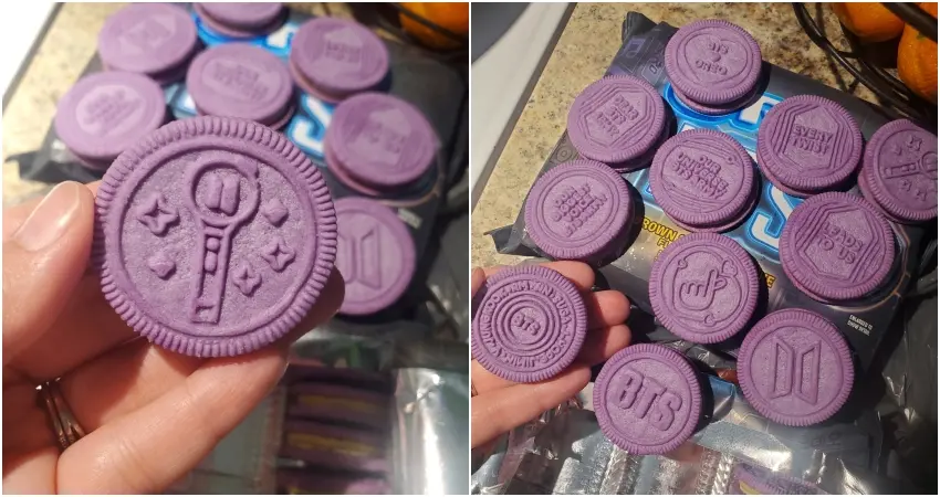 ▲OREO BTS限定版換上紫色應援包裝，還加入阿米棒與手指愛心圖案成為拍照亮點。圖／X網友@Interlude_Katie提供