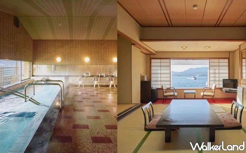 ▲宮島神撰之宿Miyarikyu主打海景大浴場,讓旅客一邊泡湯一邊獨享瀨戶內海絕景。圖/宮島神撰之宿Miyarikyu提供;窩客島編輯李維唐整理