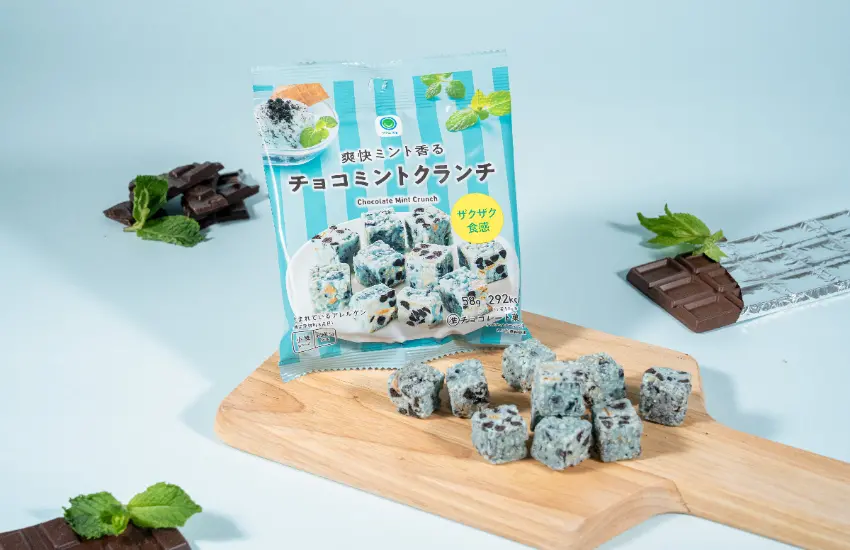 ▲清爽感滿點的薄荷風味巧克力做出酥脆口感突出的巧克力脆片。