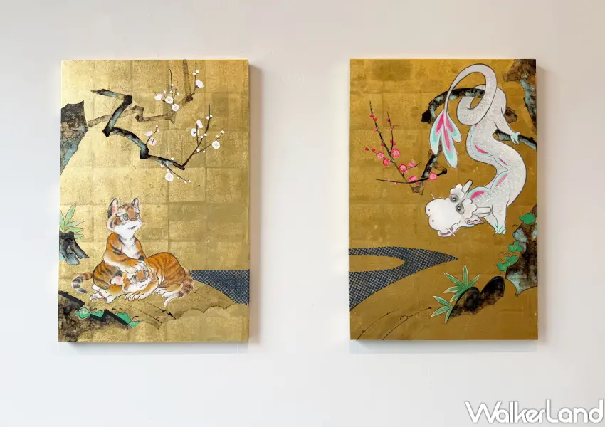 ▲台北大直展覽免費參觀！中西瑛理香利用日本傳統岩彩與金箔描繪動物，畫面充滿餘白的美感。(攝影：鄭亦庭)