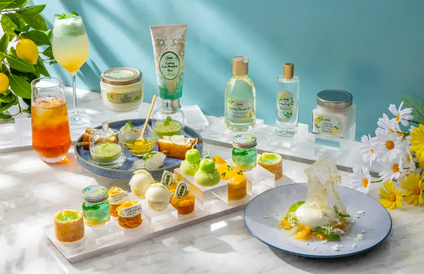 ▲東京新宿金普頓酒店與全球人氣沐浴香氛品牌 SABON 聯手推出「沁涼綠意柚子」系列下午茶。