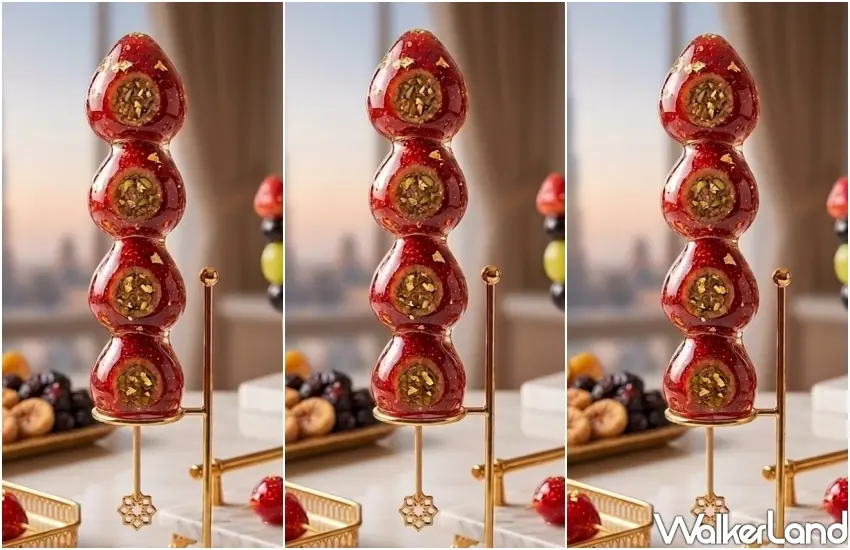 ▲忠孝SOGO快閃店新品奢華「開心果草莓冰糖葫蘆」,混搭杜拜特製卡達耶夫麵線。