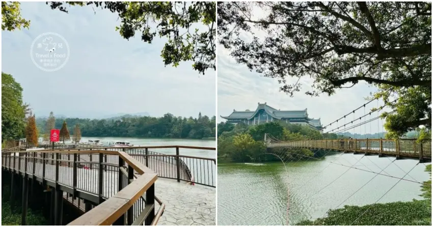 ▲「新竹峨眉湖環湖步道」沿著湖畔延伸,欣賞水岸景色外,還能走上細茅埔吊橋,從不同角度感受湖畔風光。