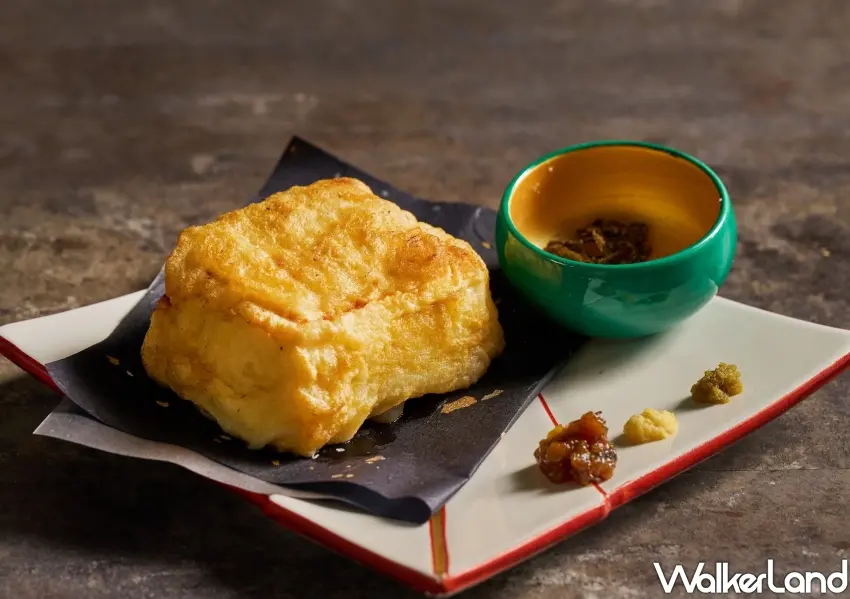 ▲厚切豆腐天婦羅外酥內嫩，搭配金山寺味噌等4種特調醬料層次豐富。