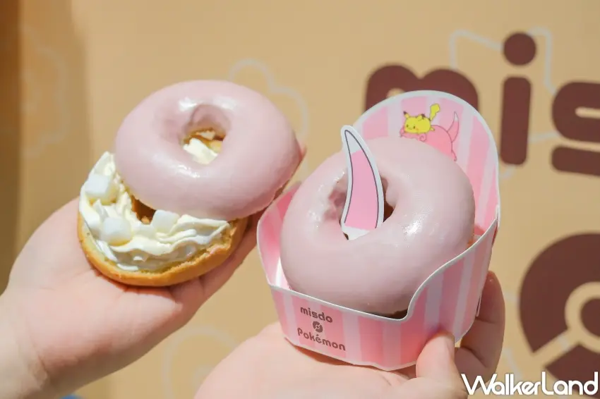 ▲Mister Donut呆呆獸泡芙圈結合粉色沾醬、起司卡士達鮮奶油與專屬包裝,可愛感再升級。(攝影:張人尹)