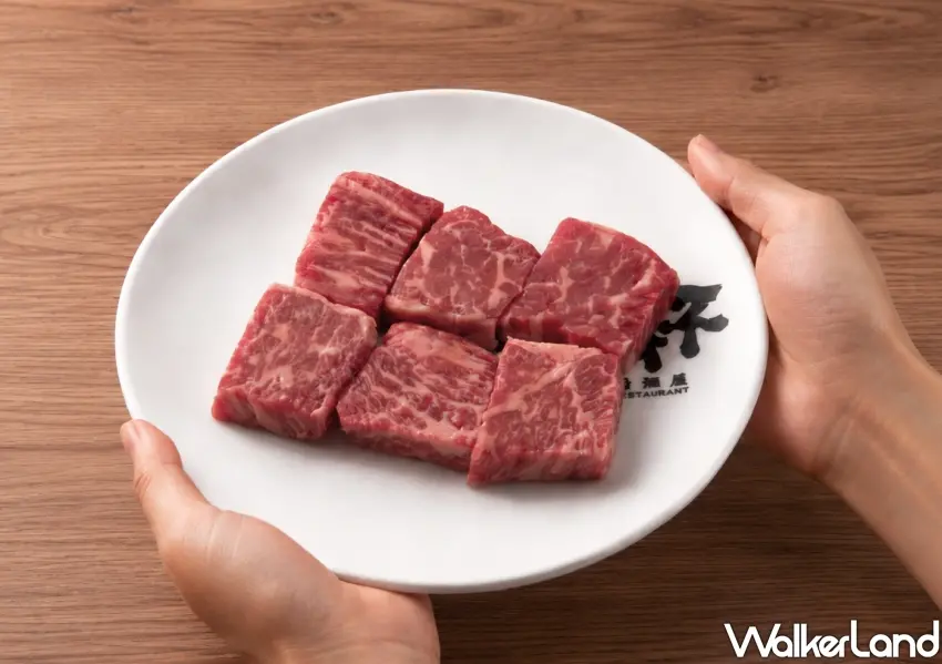 ▲乾杯燒肉居酒屋歡慶生日免費送的澳洲和牛骰子牛排，粉嫩肉質與漂亮大理石油花讓人垂涎三尺。