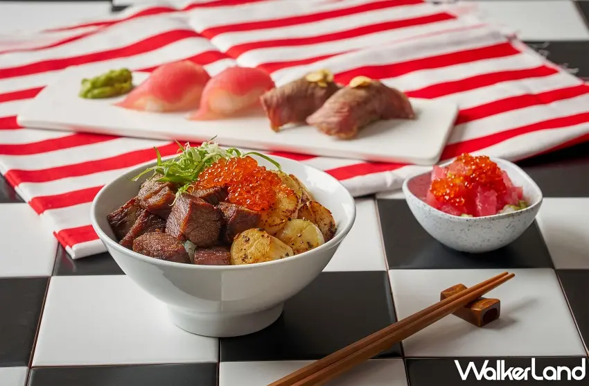 ▲敘日全日餐廳推出美國雪花牛干貝丼、炙燒美牛握壽司、鮪魚握壽司及鮪魚塔塔等特色料理,打造豐富多元的海陸盛宴。圖/六福旅遊集團提供;窩客島編輯李維唐整理
