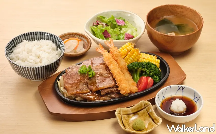 ▲雙蝦鐵板牛燒肉定食份量誠意爆表，高溫快炒的祕製雪花牛與黃金酥脆炸蝦海陸雙享，滿足老饕挑剔的胃。圖／YAYOI彌生軒提供；窩客島編輯李維唐整理