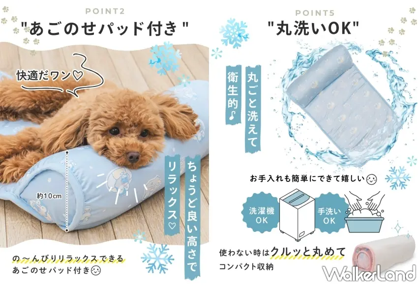 ▲日本超熱銷寵物涼墊具備約10公分的軟綿靠枕與可放入洗衣機整張丸洗的便利設計。圖/PetFun提供;窩客島整理