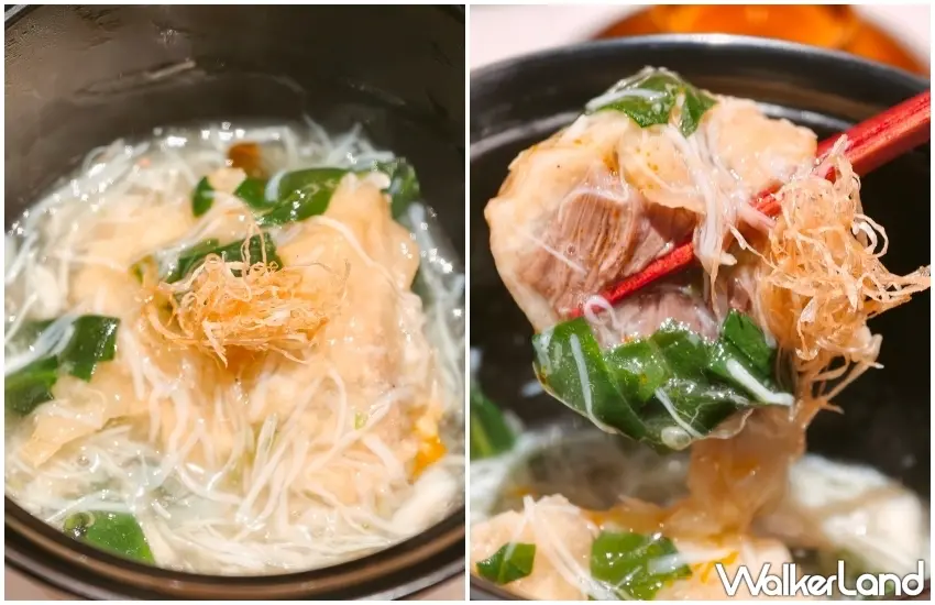 ▲「牛臉頰天婦羅」將燉煮軟嫩的和牛臉頰裹上麵衣酥炸,搭配以川七與松葉蟹熬製的羹湯。(攝影:楊婷雅)
