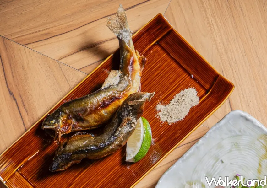 ▲必吃鹹味代表香魚姿燒,利用考驗師傅火候的化妝鹽傳統技法,將魚皮烤得微酥,同時鎖住鮮美細嫩的魚肉與清香。