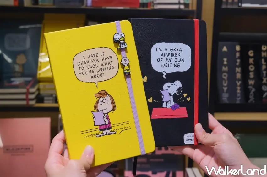 ▲MOLESKINE同步展出SNOOPY、BLACKPINK等聯名系列,搭配徽章配件打造個人風格。(攝影:張人尹)
