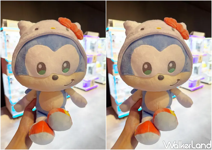 ▲SEGA FAVE信義區快閃店開賣索尼克×三麗鷗聯名系列娃娃,索尼克換上布丁狗、Kitty、醜魚裝扮。(攝影:鄭亦庭)