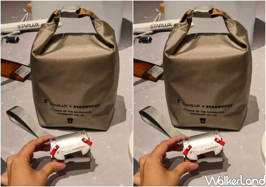 ▲奶茶色安全帶扣折疊收納包極具質感,將飛機安全帶扣變成收納扣環,搭配前方精緻的小包,是金星會員必搶周邊。(攝影:鄭雅之)