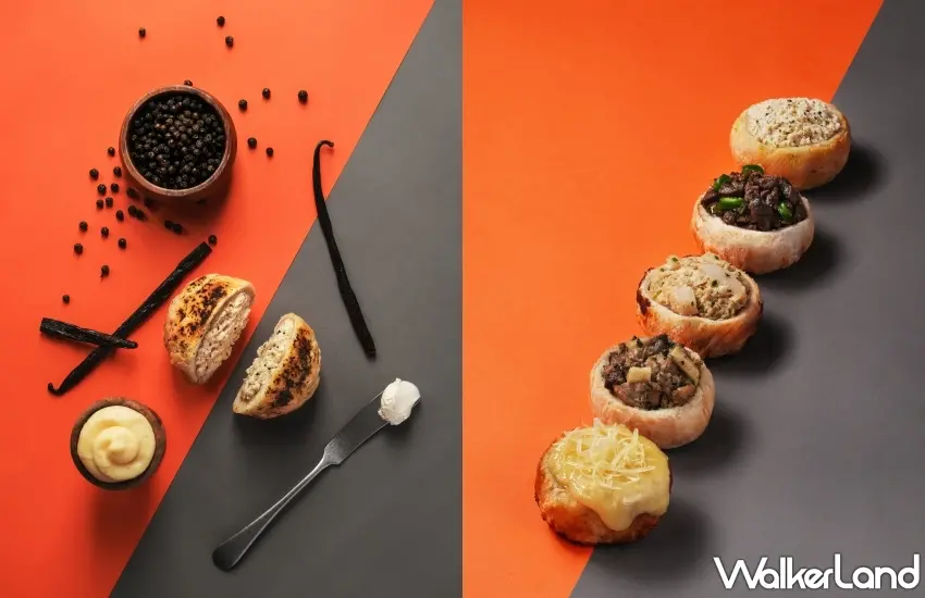 ▲巧妙揉合馬告山胡椒檸檬清香與奶油起司的甜點系酥餅(左),五款色香味俱全的椒焦酥餅一字排開展現極致餐飲視覺(右)。圖/台北W飯店提供;窩客島整理