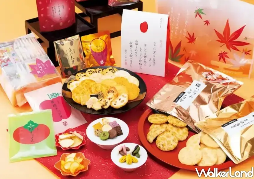 ▲京都知名仙貝小倉山莊台灣首店進駐信義區新光三越A8,帶來多款新鮮空運的和風米果伴手禮盒。