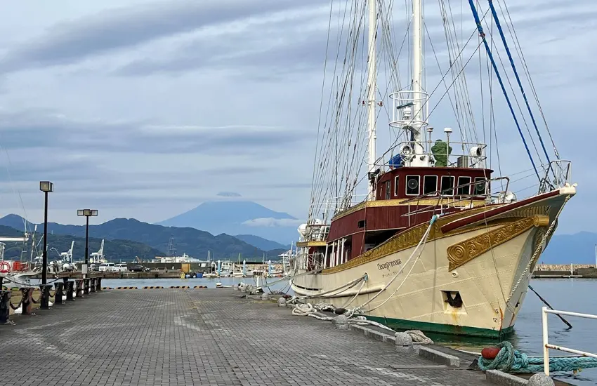 ▲進入清水後會看到港邊停靠著漁船,空氣裡混著淡淡海風與魚市場氣味,遠方偶爾還能看見富士山靜靜浮在駿河灣另一側。