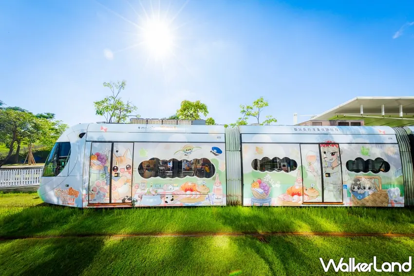 ▲滿載港都風情與可愛塗裝的蜜柑聯名彩繪輕軌列車,行駛於草皮綠帶上顯得格外療癒。圖/MOJOIN、高雄捷運提供;窩客島整理