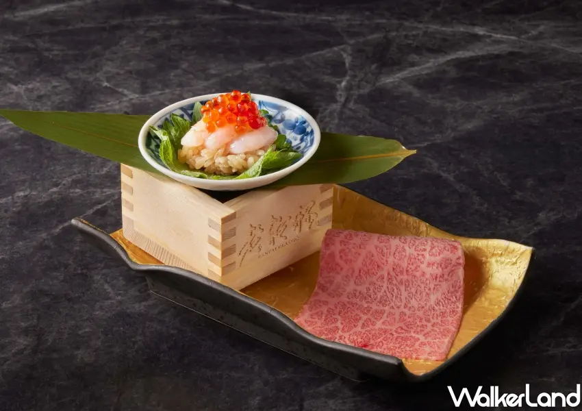 ▲醃漬甜蝦日本和牛燒肉壽司結合炙燒和牛與昆布醃漬甜蝦，展現海陸精華在嘴裡交織的創意和牛料理。