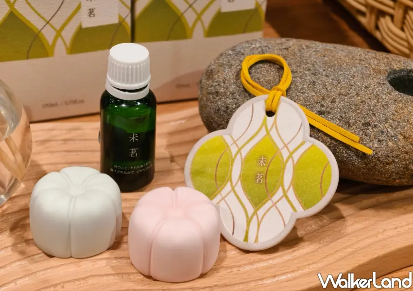 ▲揉合抹茶與煎茶幽香的未茗香氛系列，包含夢幻和菓子造型香氛石與精緻香氛片。(攝影：鄭雅之)