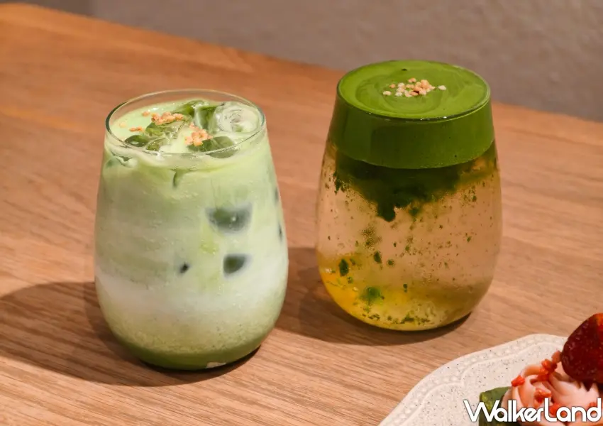 ▲特選鮮乳調配的滑順抹茶歐蕾，與清爽解膩的酸甜系蘋果氣泡柚香抹茶飲。(攝影：鄭雅之)