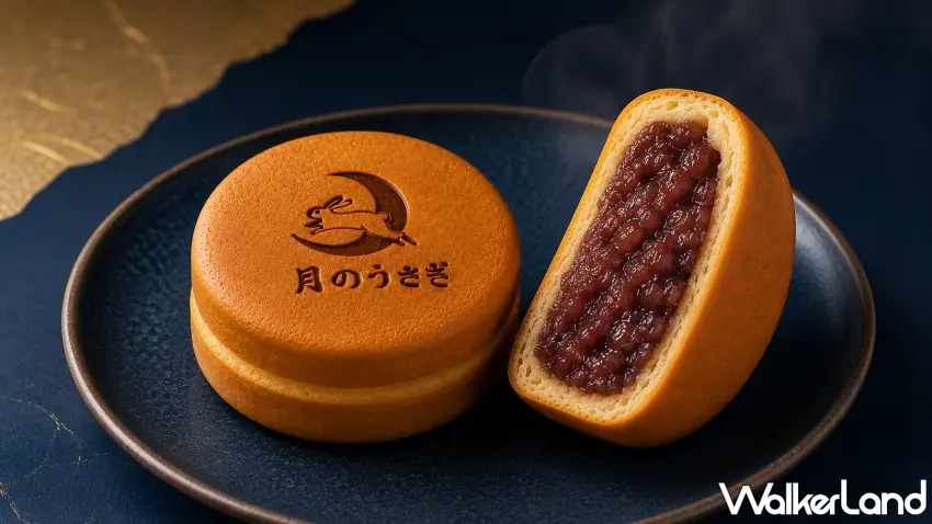▲經典的紅豆餡車輪餅切開後內餡飽滿扎實，表面烙印著精緻的「月のうさぎ」月兔圖樣。
圖／月のうさぎ提供；窩客島整理
