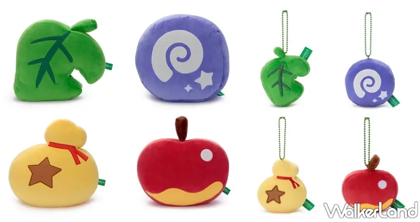 ▲圖為本次新系列「どうぶつの森 Mocchi-Mocchi- GameStyle」中,將遊戲內最具代表性的化石、鈴錢袋、蘋果與小葉子道具,設計成主打超軟Q觸感的ぬいぐるみL大型玩偶與球鍊吊飾。圖/タカラトミーアーツ提供;窩客島整理