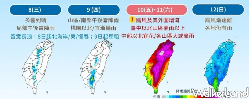 ▲氣象署颱風降雨趨勢圖顯示,週末受到強烈外圍環流影響,中部以北山區及宜花地區皆須嚴防大雨或豪雨侵襲。(攝影:鄭雅之)