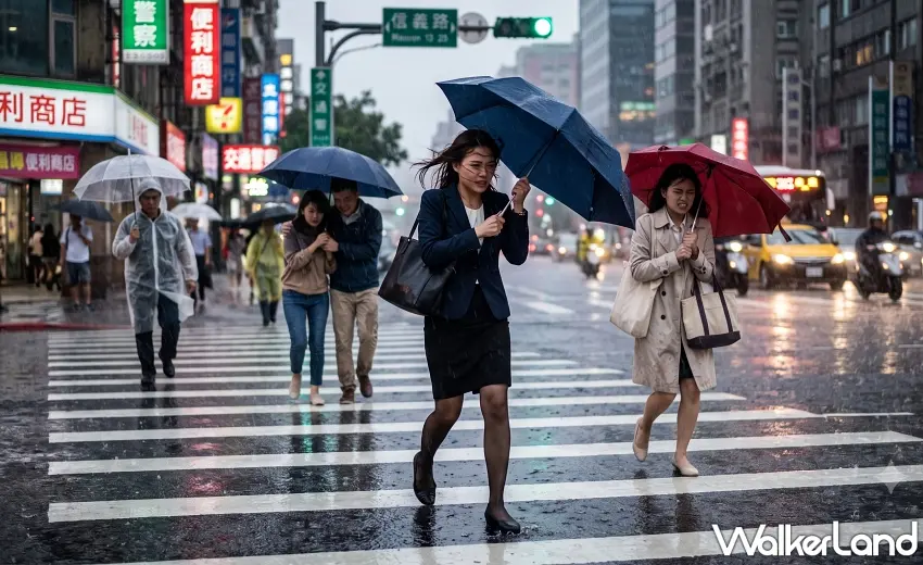 ▲北台灣風雨驟增,上班族頂著致災性強風雨在斑馬線上寸步難行。 圖/AI生成提供;窩客島整理