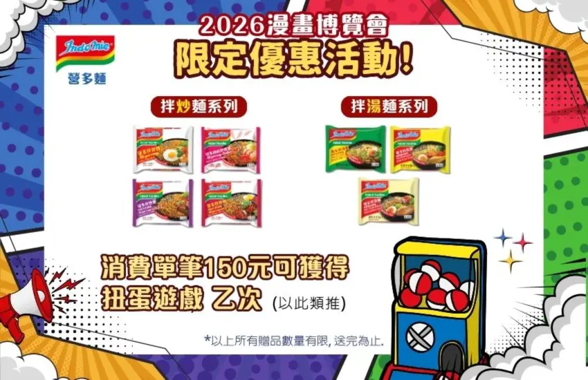 ▲營多麵於漫博展場推出任選口味15包150元驚爆價,單筆消費150元還可抽扭蛋,有機會獲得熱門動漫IP周邊、7-11禮券、電影票等好康。